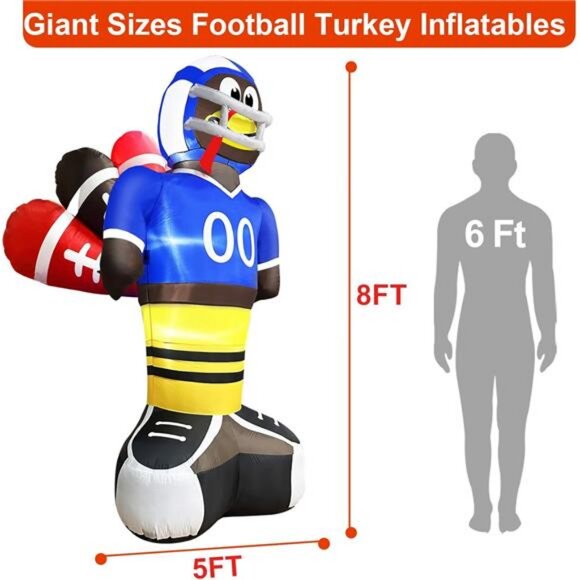 8 Ft Giant Football Turkey Inflatables Thanksgiving Decor with Built-in LED - Picture 2 of 8